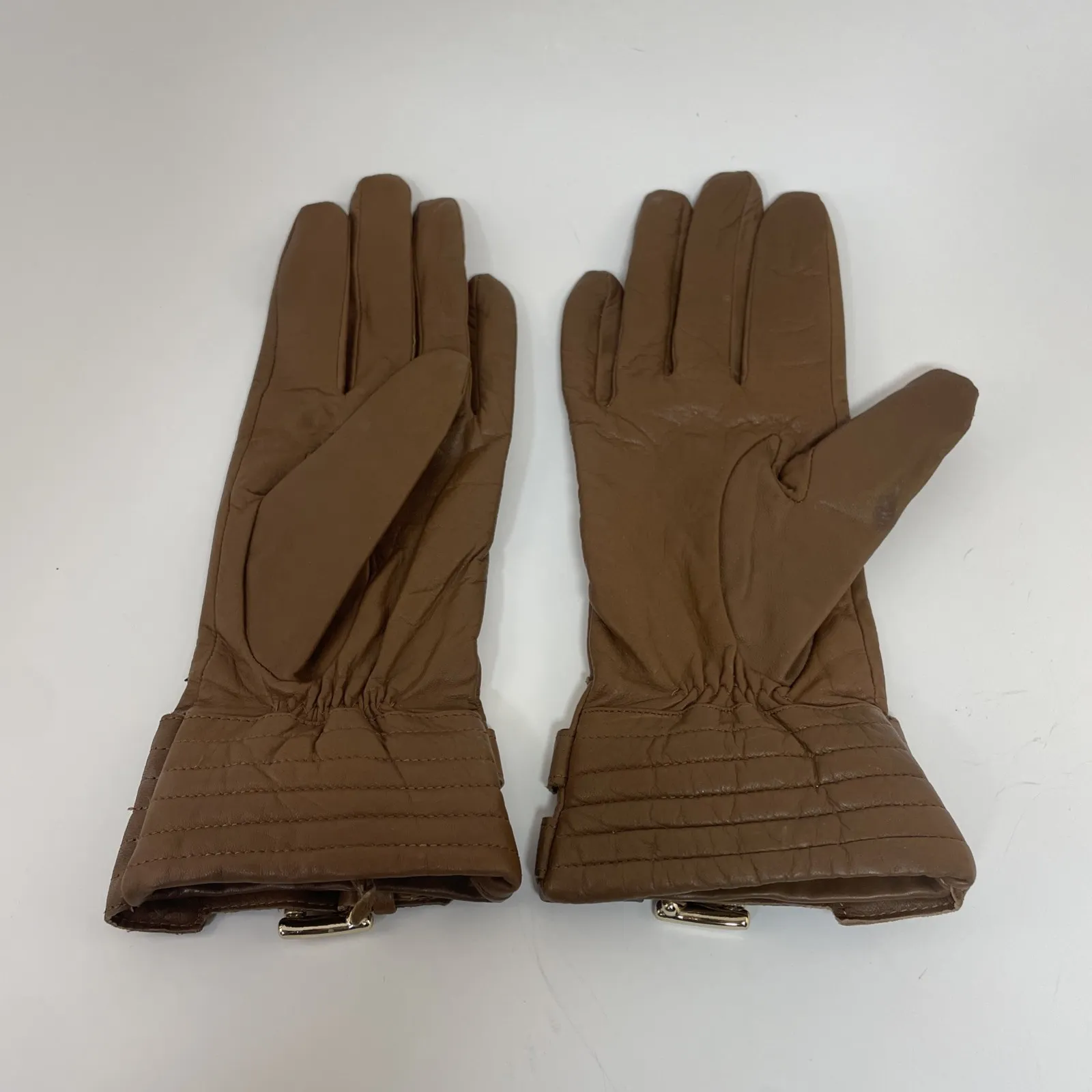 MICHAEL KORS Leather Gloves Buckle Detail Logo Lined Tan Womens Size S - Image 3