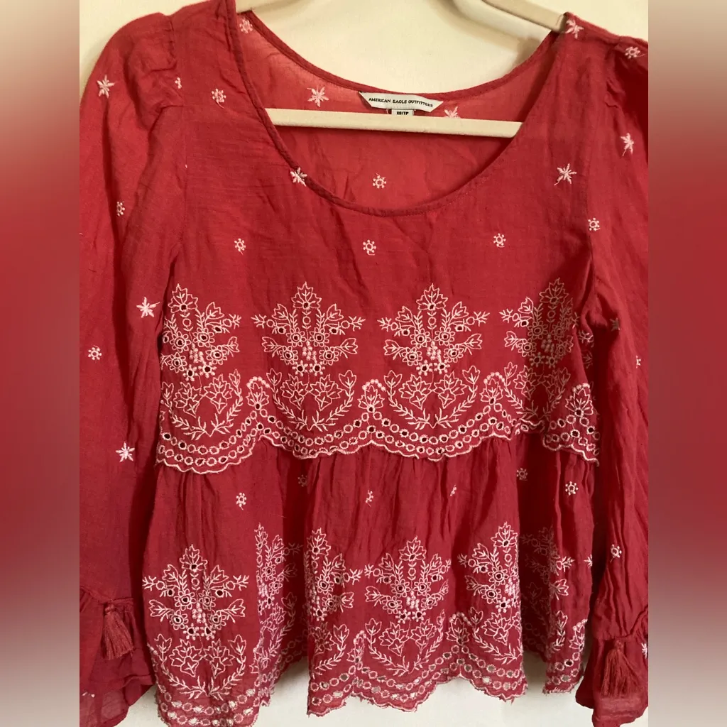 American Eagle Coral Eyelet Cropped Embroidered Bell Sleeve Blouse #Gr - Image 6