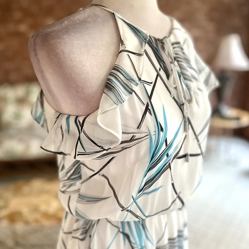 WHBM Dress Maxi White Bamboo Print Hi Low Blouson 4P Cocktail Party Chic Trendy - Image 15