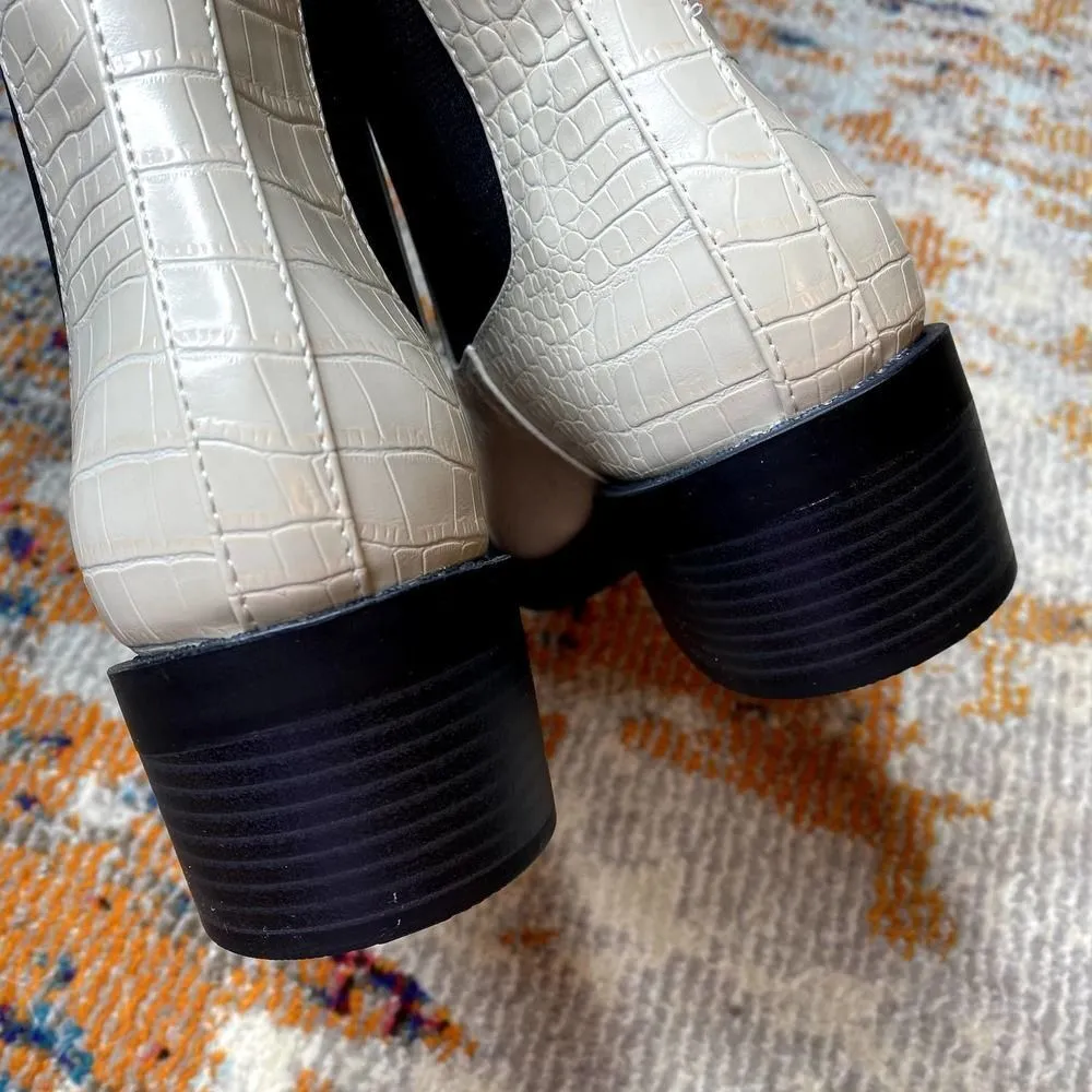 Open Edit Rectangular Toe Stacked Heel Croc-Embossed Ayla Chelsea Boot Ivory 8 - Image 10