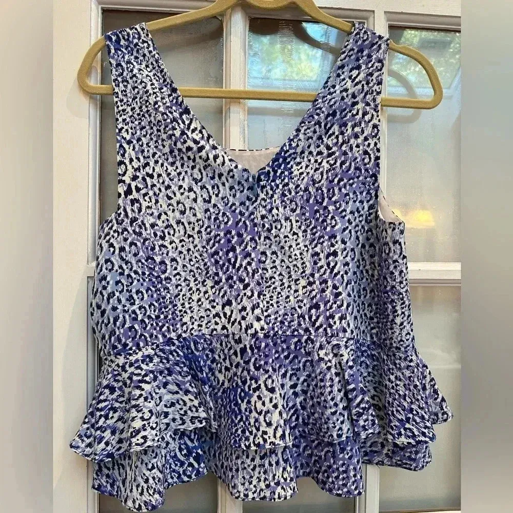 REBECCA TAYLOR Silk Leo Fever Blue Crush Leopard Peplum Ruffle Blouse Size 6 S - Image 7