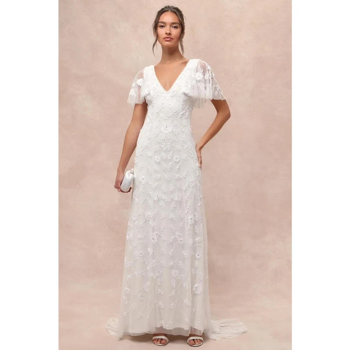 NWT Lulus Safiya White Sequin Flutter Sleeve Maxi Dress Wedding Bridal Bride S - Image 4