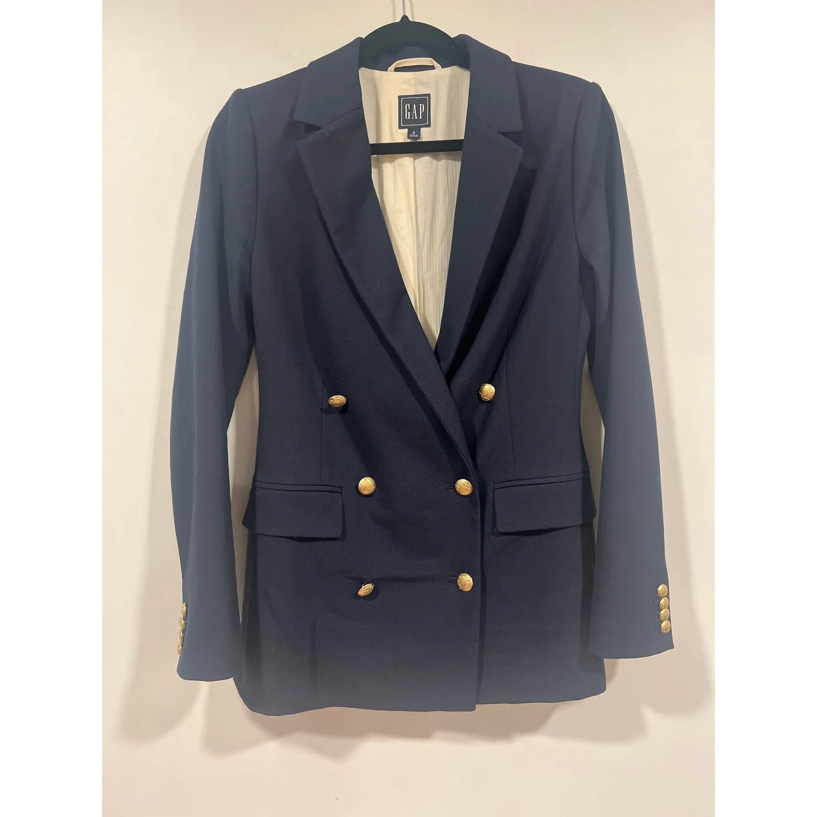 Gap Women’s Preppy Double Breasted Wool Blazer Navy Gold Buttons Corpcore Size 0 - Image 2