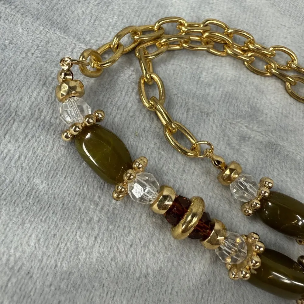 Gold Tone Chain Necklace Dark & Clear Beads Gold Tassel Pendant Long Length - Image 5