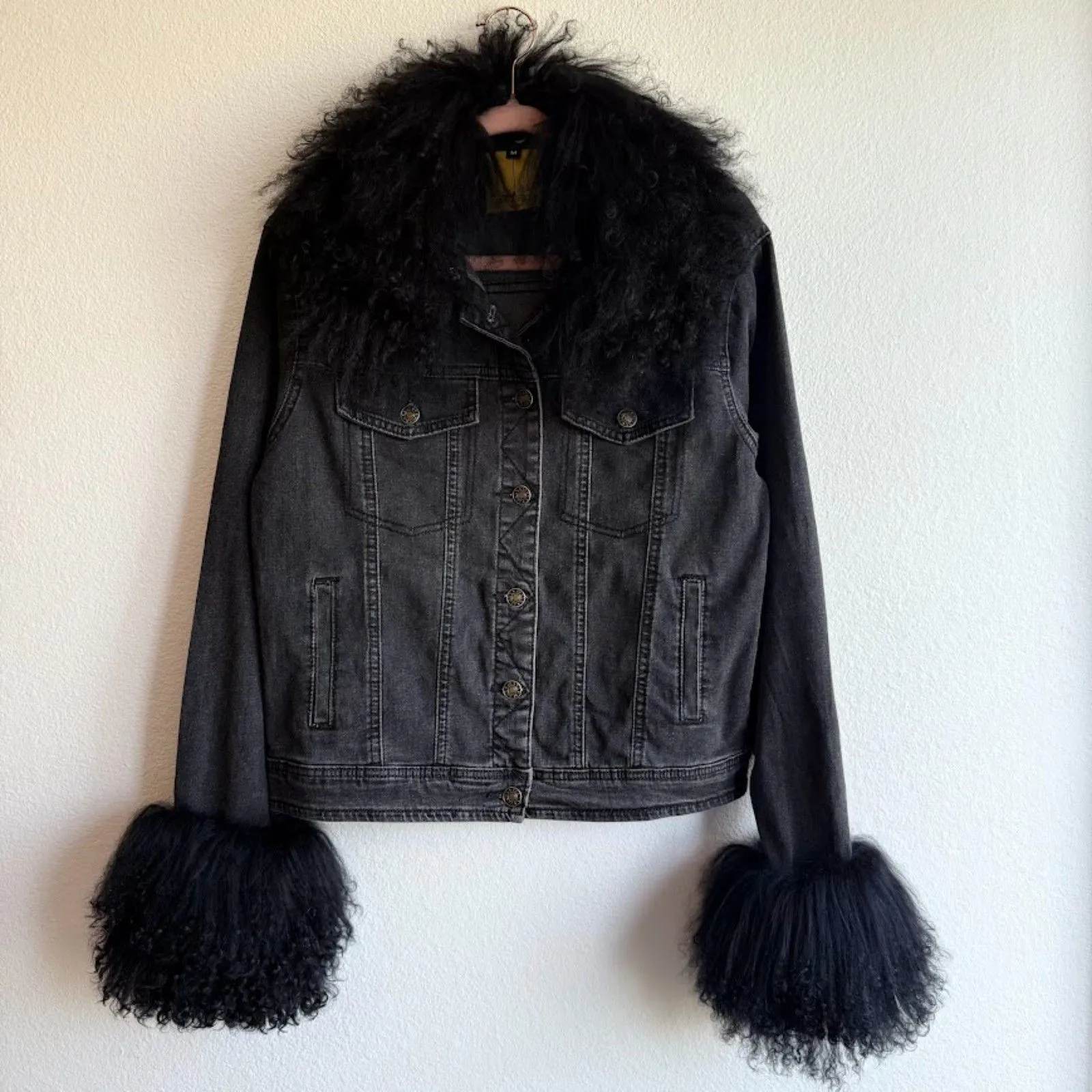 Anna Irion Black Mongolian Lamb Trim Collar & Cuff Gray Denim Jacket size Medium - Image 11