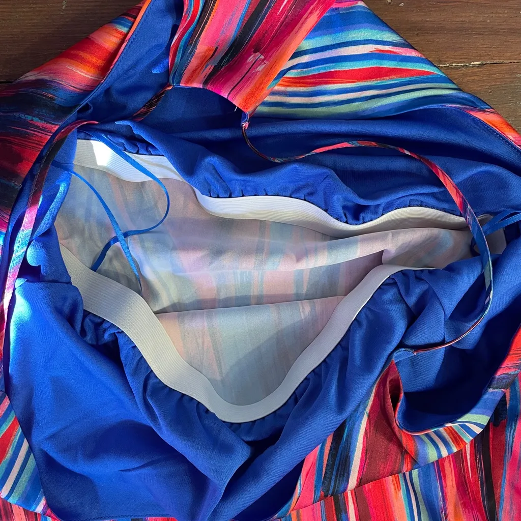 Nicole Miller Rainbow Abstract Watercolor Satin Maxi Dress w Bra - Sz L 💚🎀 - Image 11