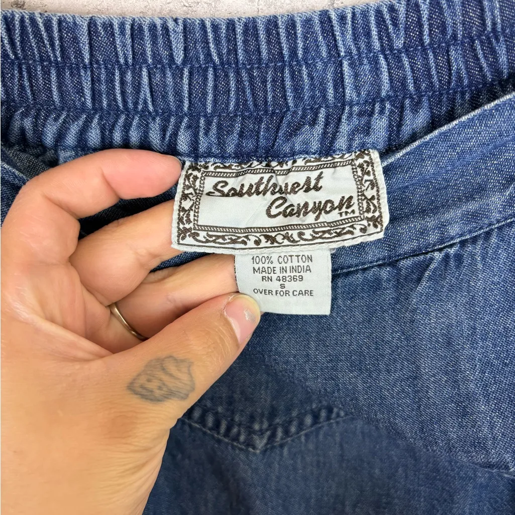Vintage Southwest Canton Denim Basque Waist A line Maxi Skirt Blue - Image 4