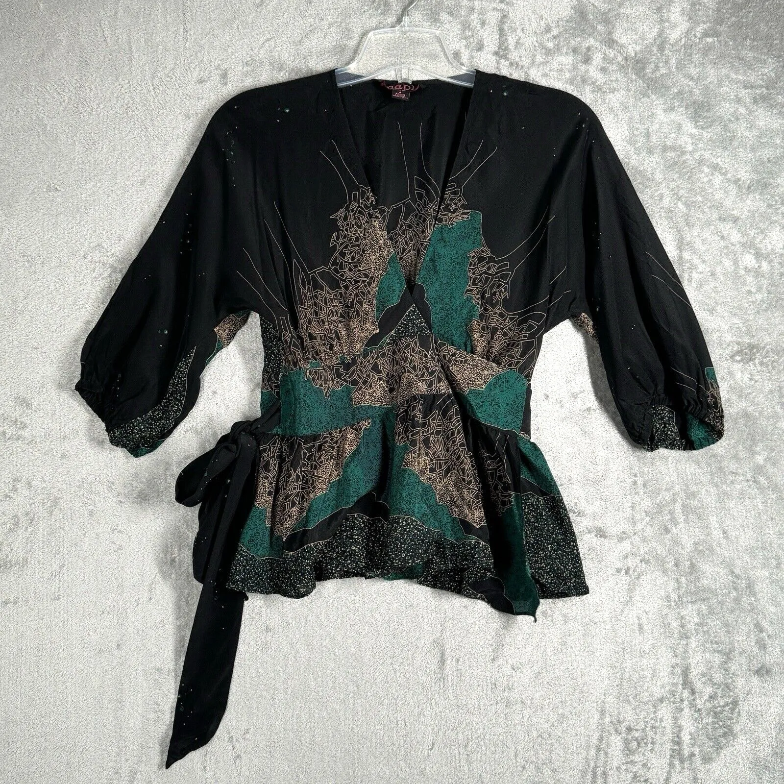 Anthropologie Maple Shirt Womens 4 Black Green Gold Cerlean Rising Wrap Top Silk - Image 2