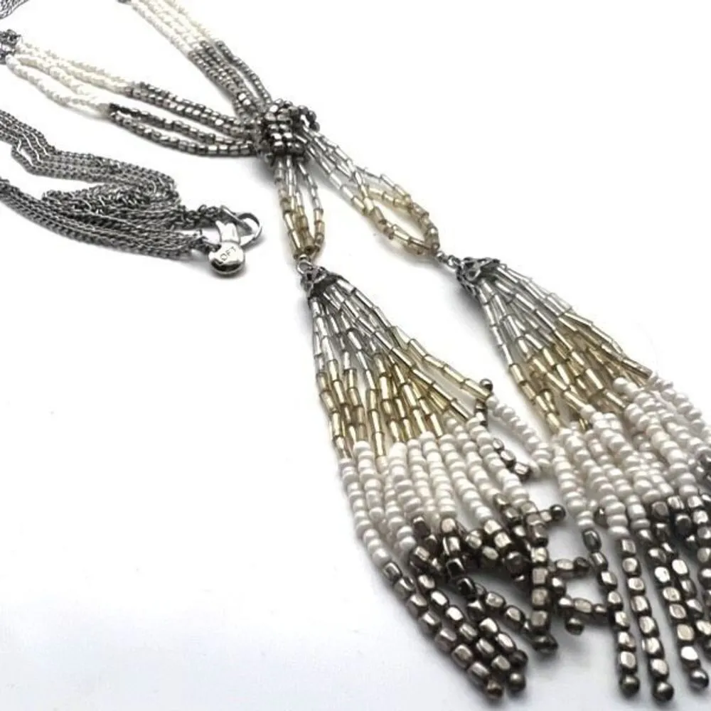 Loft‎ Beaded Fringe Long Layered Twisted Stunning Necklace Silver - Image 7