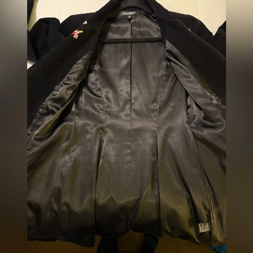 Betsey Johnson Black Corduroy Lined Belted Embroid Double Breasted Trench Coat - Image 10