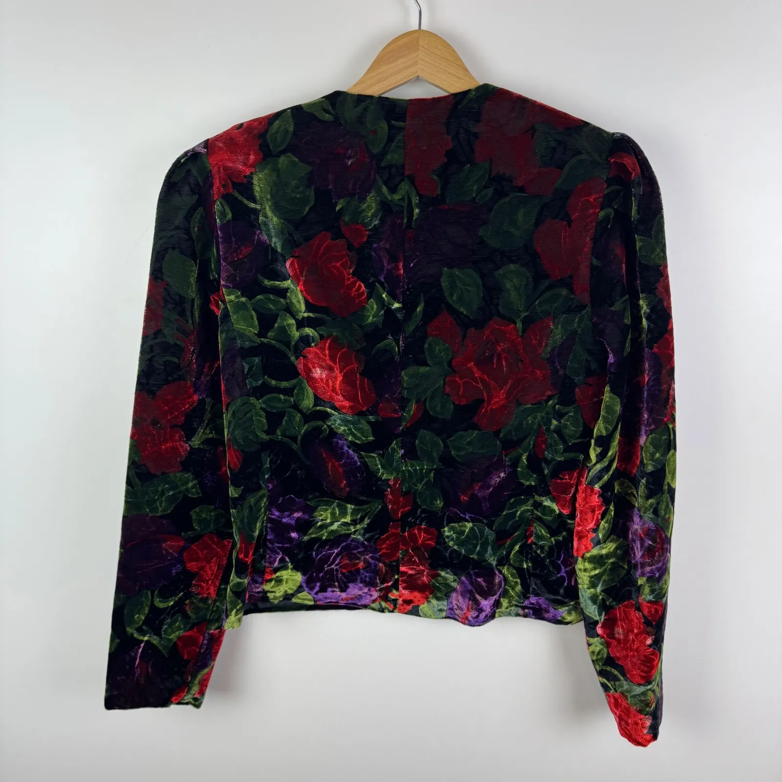 Vintage Dividends Floral Velvet Jacket Blazer Retro Boho Artsy Button Up Cropped Black - Image 4