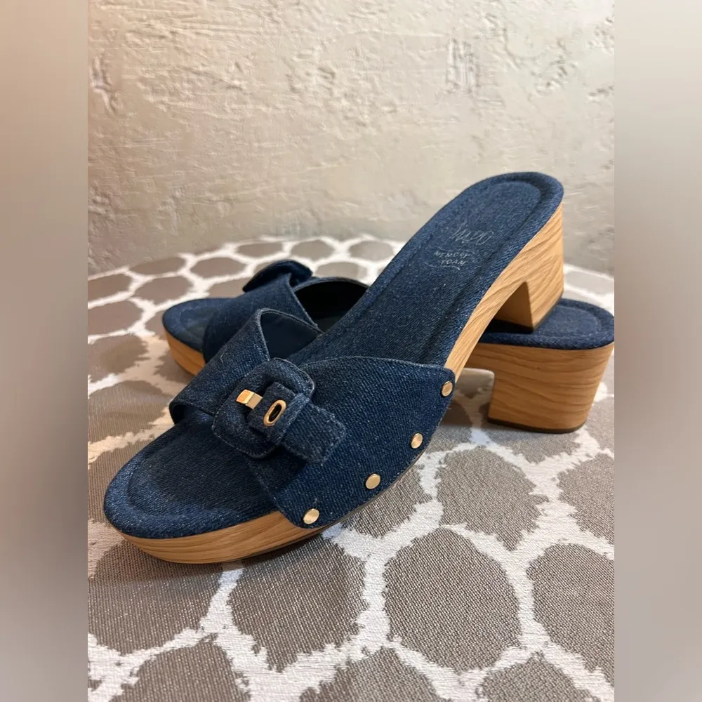 Impo Denim Blue Buckle Sandals memory foam wooden platform Y2K denim gold buckle - Image 8