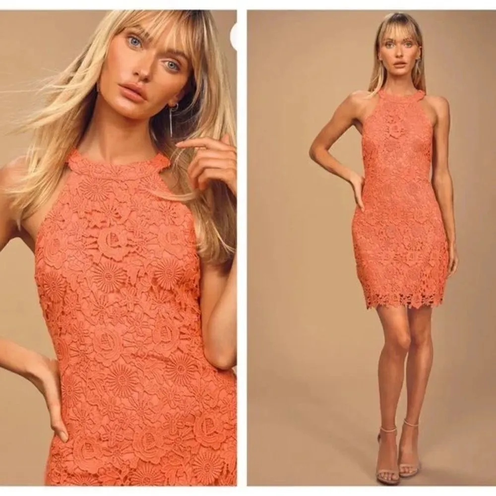Lulus Love Poem bright coral orange lace mini dress, size S, NWT - Image 11
