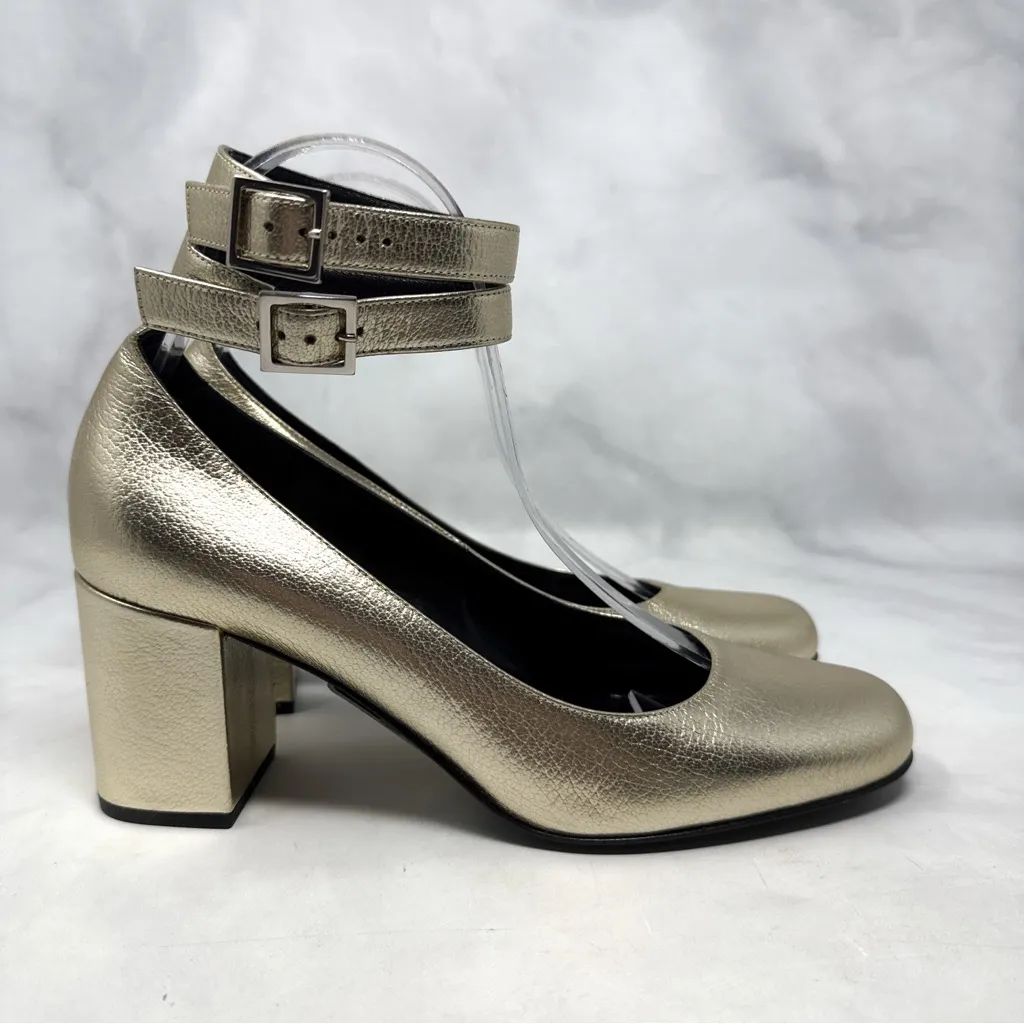NEW Saint Laurent Babies Edgy Mary Jane Ankle Strap Pumps Mid Heels Gold 38.5 - Image 4