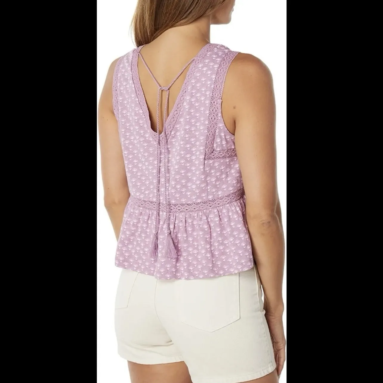 Lucky Brand Lilac Cropped Floral Babydoll Crochet Peplum Top Boho Y2K Size Large - Image 10