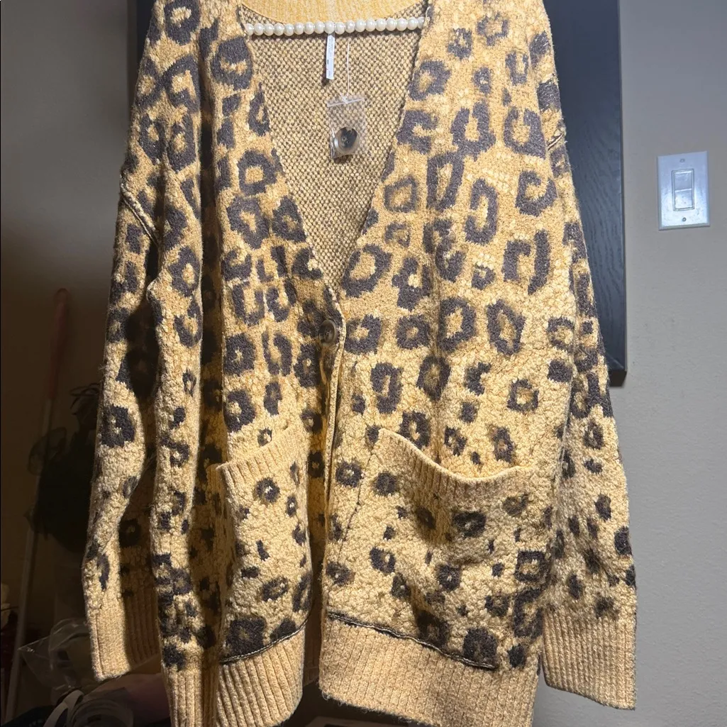 Free People  State Side Cardigan Knit Button Ribbed Leopard Yellow Combo - Image 5