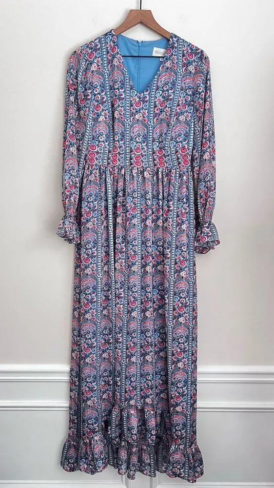 MIKAEL AGHAL Ruffle Trim Floral Print Burnout Georgette Maxi Dress long sleeve Blue Size 6 - Image 2