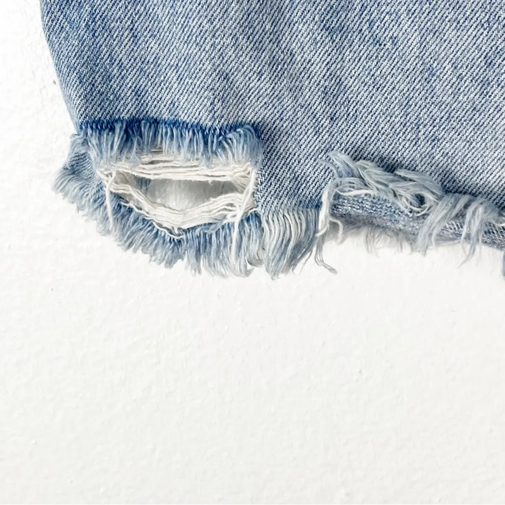 FREE PEOPLE WE THE FREE Ripped Distressed Blue Denim Jean Mini Boho Skirt 26 - Image 6