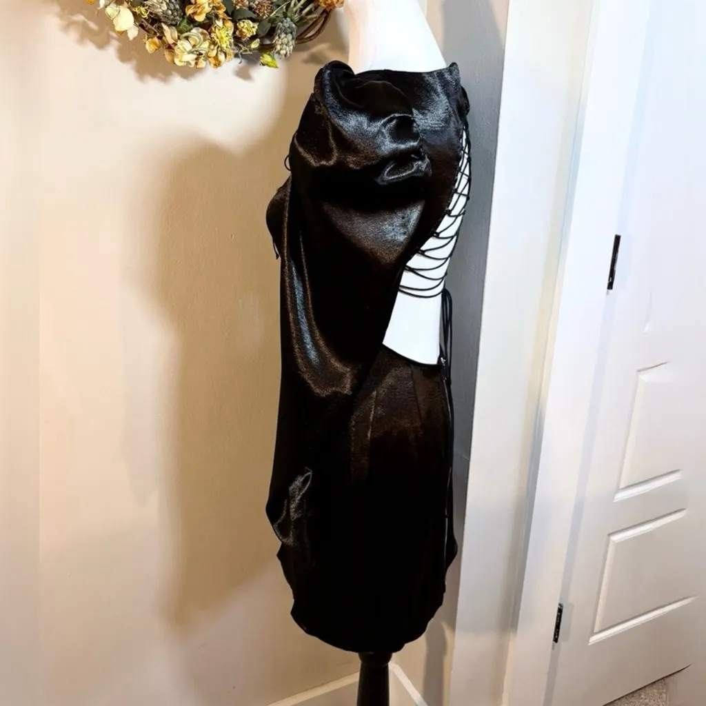 For Love & Lemons Prince Lace-Up Satin Mini Dress Black Puff Sleeve~Small 🧡 - Image 7