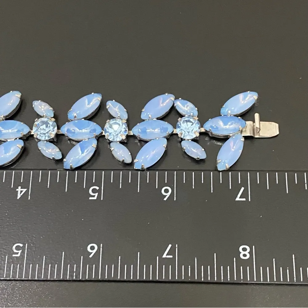 Vintage Unsigned JULIANA? Blue Opaline Navette Rhodium Plated 7”Link Bracelet - Image 9