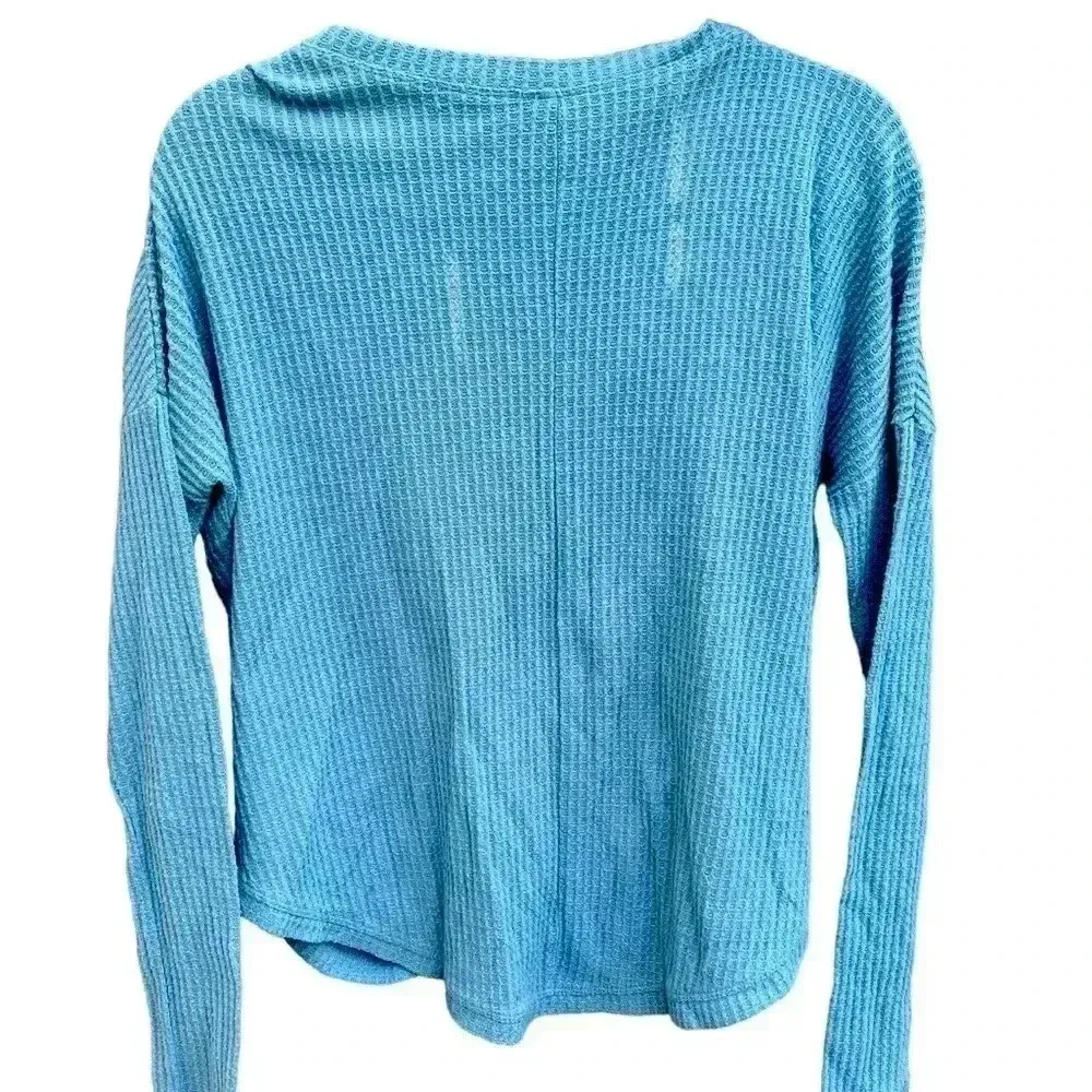 Wild Fable Waffle Knit Top Button Down Tie Front Long‎ Sleeve Blue Size S - Image 3