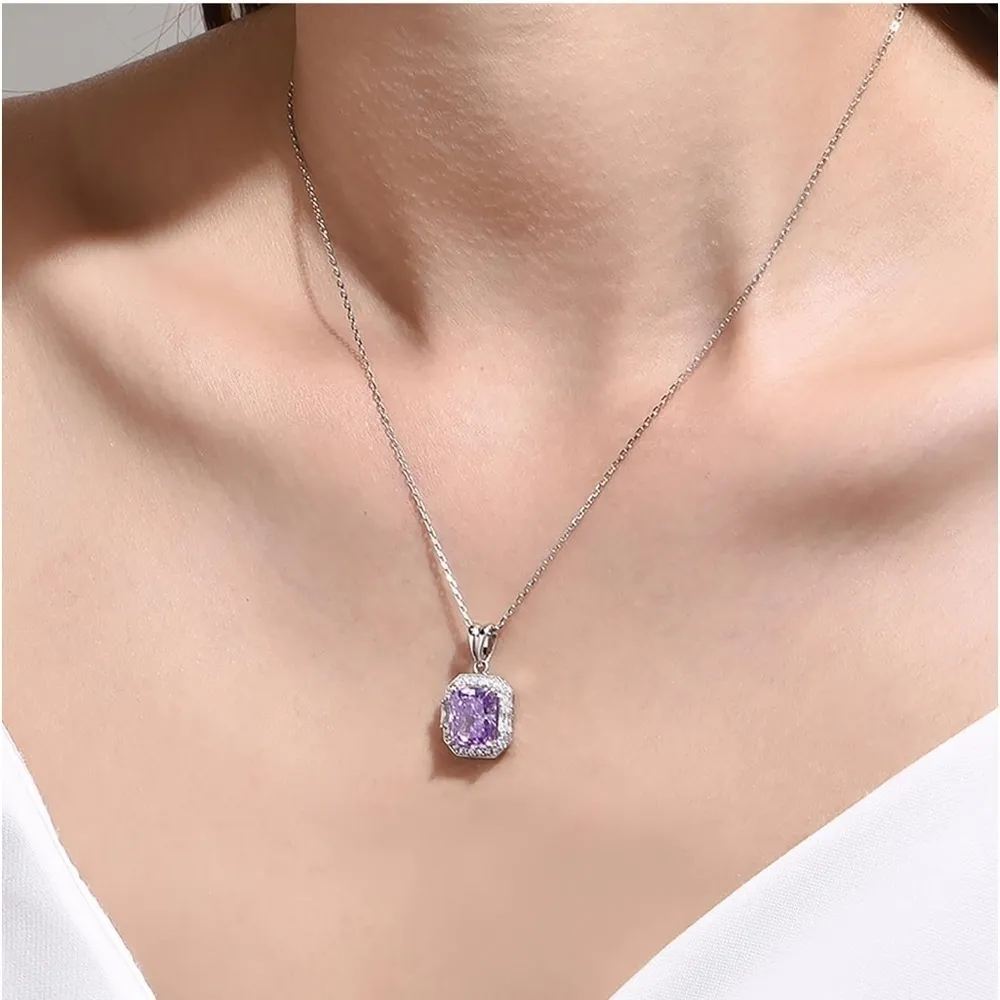 925 Sterling Silver 4 Carats Square Diamond Radiant Cut Birthstone Necklace NWT Purple - Image 2