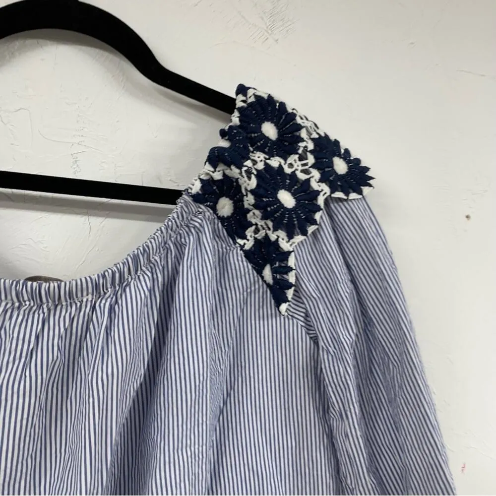 Loft Blue & White Striped Off Shoulder Embroidered Floral Appliqué Womens Top M - Image 6
