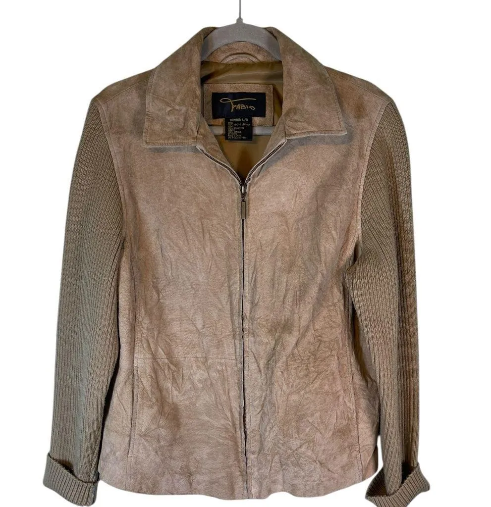 Fabio Women’s L Suede Leather Jacket Tan Bomber Style 100% Genuine Leather Size L - Image 1
