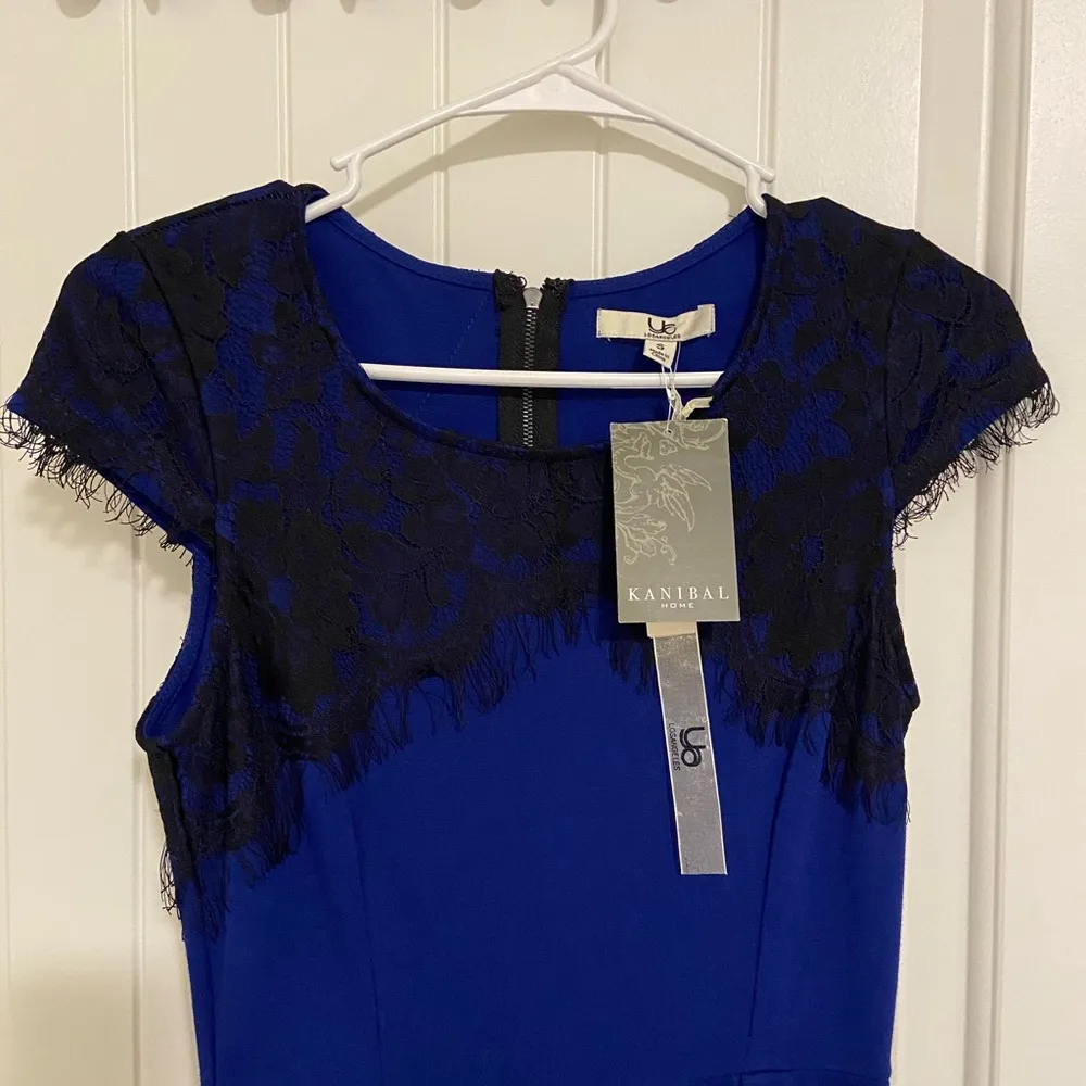 NEW Ya Los Angeles women’s electric blue black lace cap sleeve flare skirt dress - Image 2