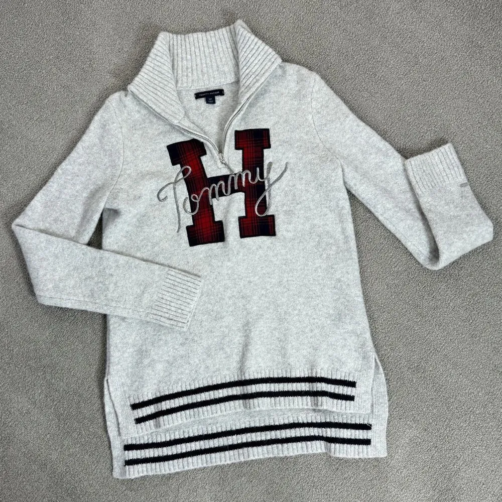 Tommy Hilfiger Logo Patch Varsity Sweater Grey Small Wool Blend Quarter Zip Prep - Image 12