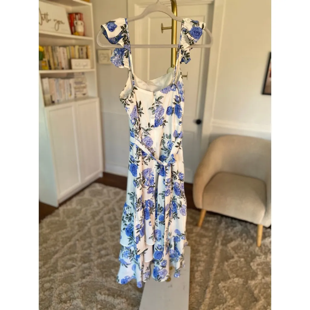 Blue Floral Ruffle Strap Midi Dress Clean Girl Vineyard Romance Quiet Luxury XS - Image 3