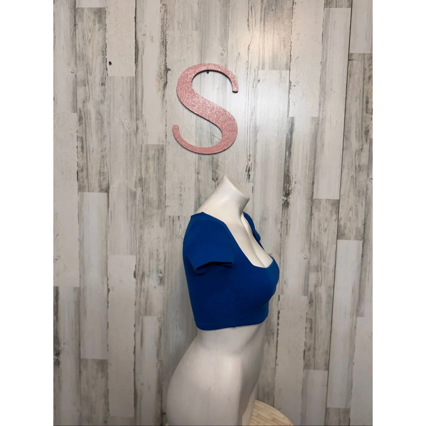 ZARA Blue Square Neck Crop Top Women’s Small – Short Sleeve Stretchy Basic - Image 2