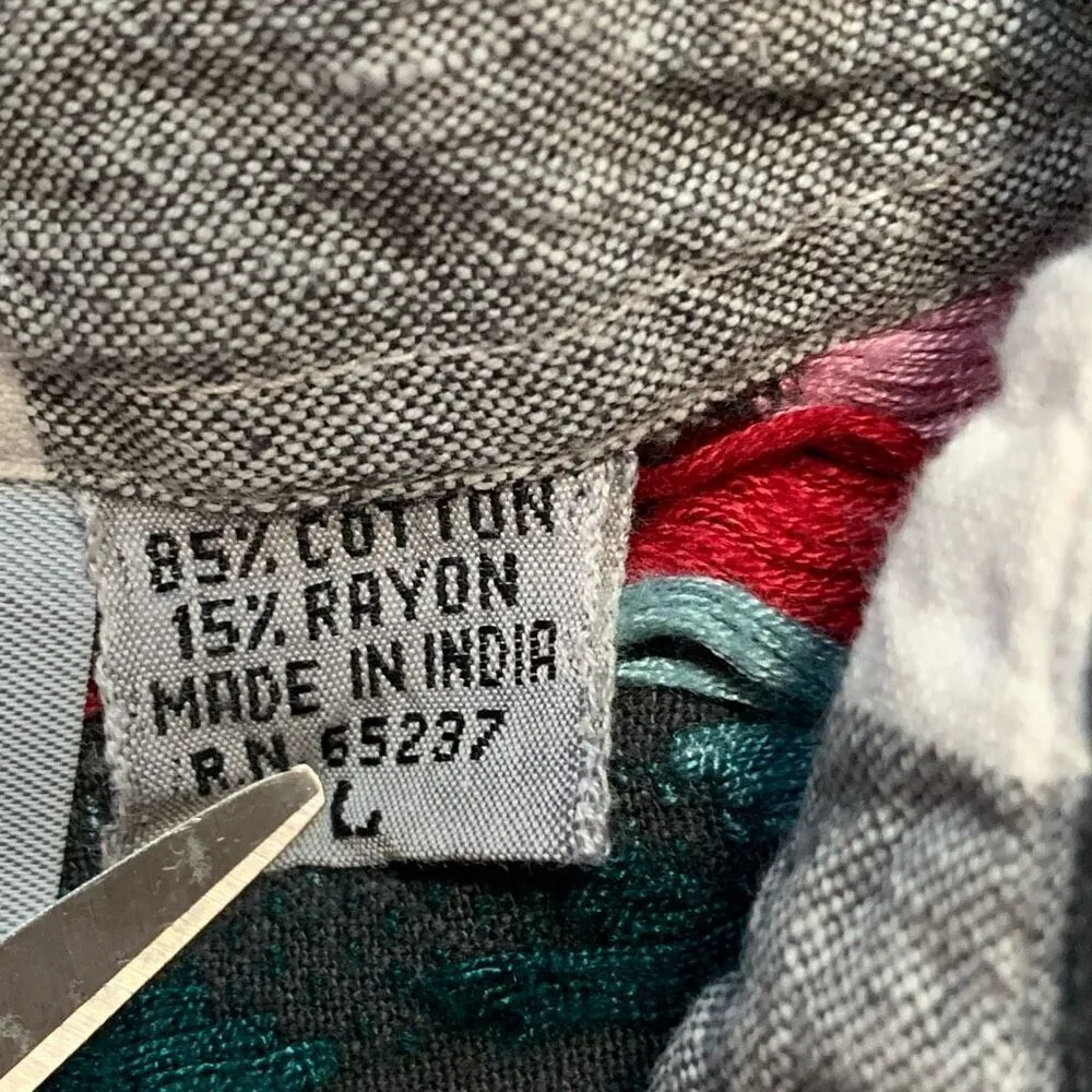 Vintage Krazy Kat Shirt Black White Checkered Plaid Embroidered Floral Collared Size L - Image 9