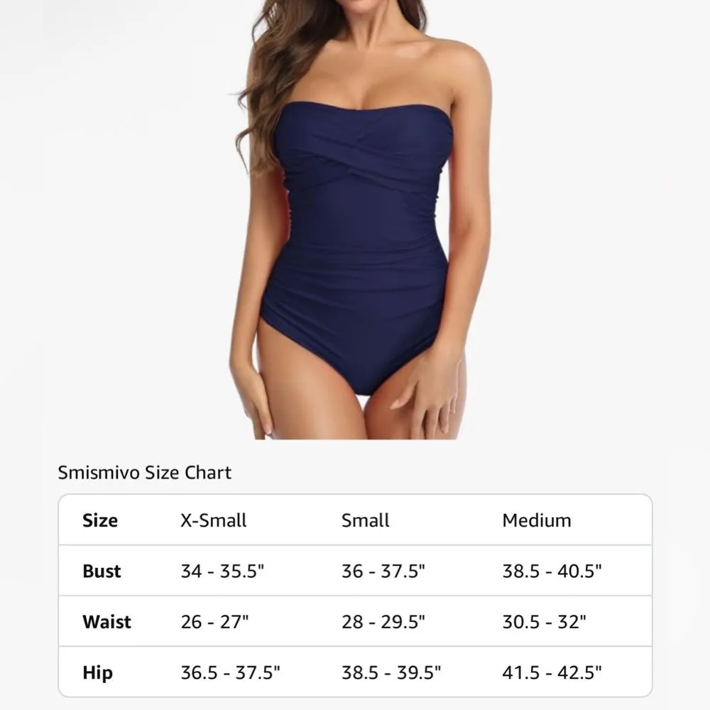Smismivo Strapless One Piece Tummy Control Swimsuit Ruched Bandeau Navy Blue S - Image 10