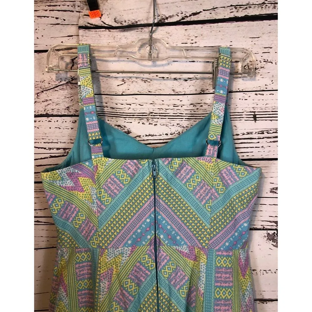 Modcloth fit and flare sleeveless dress blue, pink & green size medium - Image 10