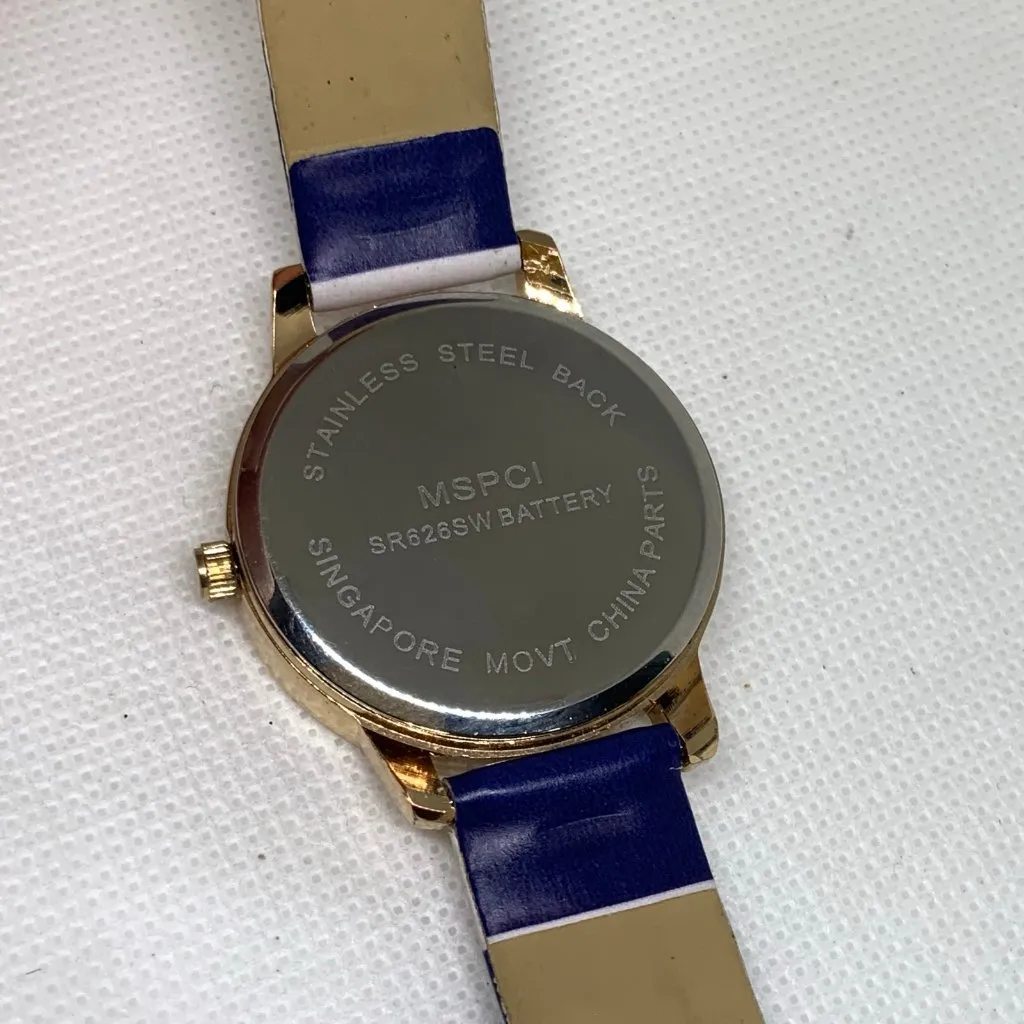 Mspci women’s quartz watch gold tone case 35mm heart dial blue white running - Image 6