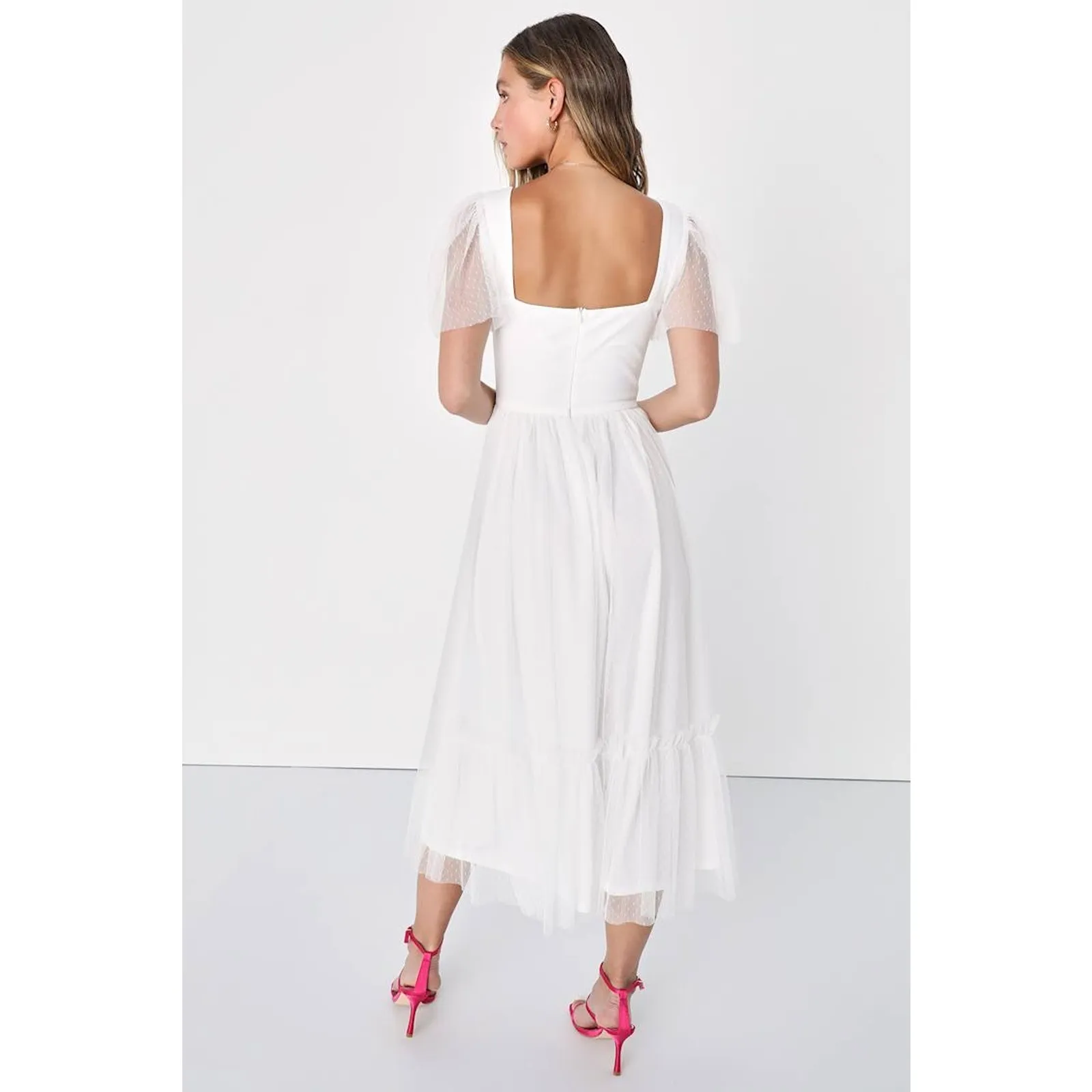 NWT Lulus Dreamy Celebration White Tulle Bustier Swiss Dot Midi Dress Bride S - Image 3