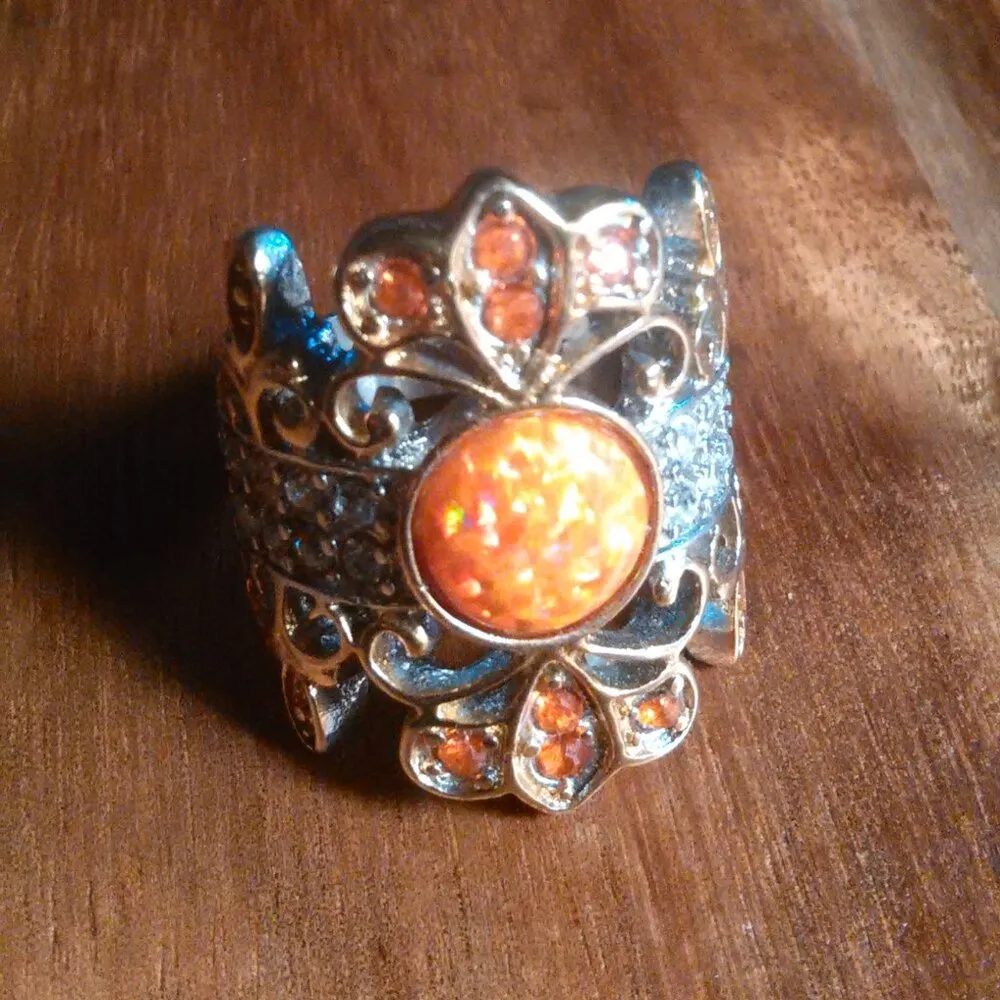 Simulated Opal and Orange and White Crystal Stainless Steel Ring (Size 6) - Image 2