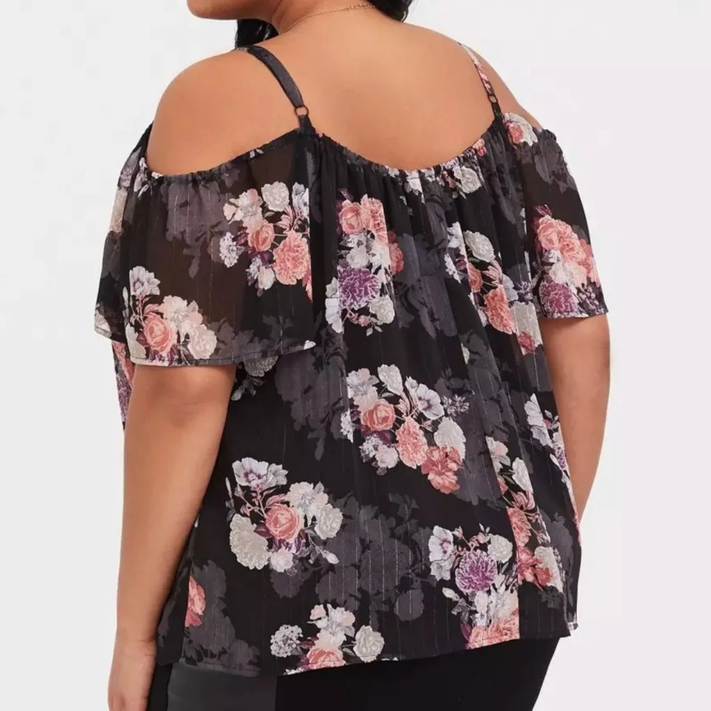 TORRID 2 Plus Size Black Floral Lurex Cold Shoulder Top Pink Floral Short Sleeve - Image 3