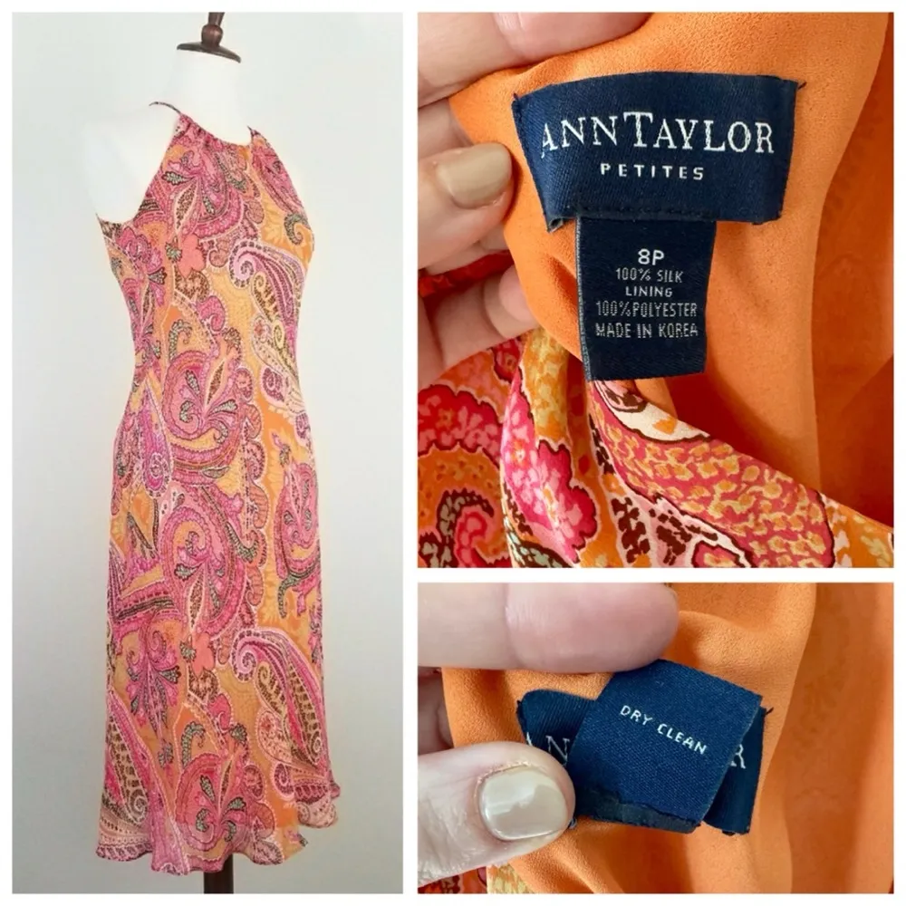 VTG Ann Taylor Silk Pink & Orange Paisley Print Slip Dress, Midi Length sz. 8P - Image 5