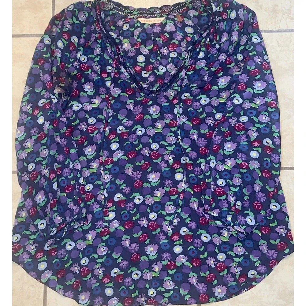 Rebecca Taylor floral silk tie at neck tunic blouse 0 - Image 3