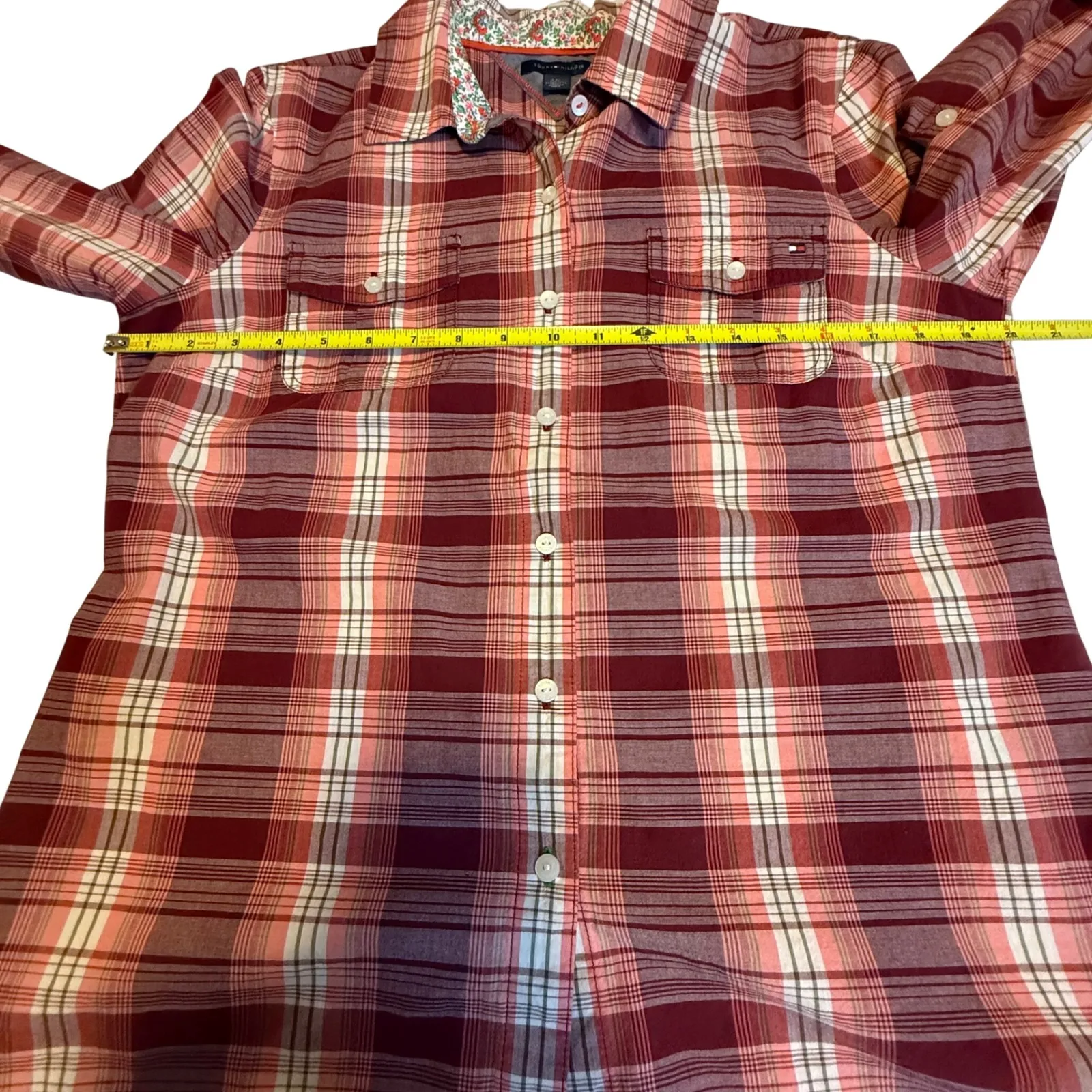 Tommy Hilfiger Womens Plaid Long Sleeve Button Up Shirt Top Red Floral Collar L - Image 7