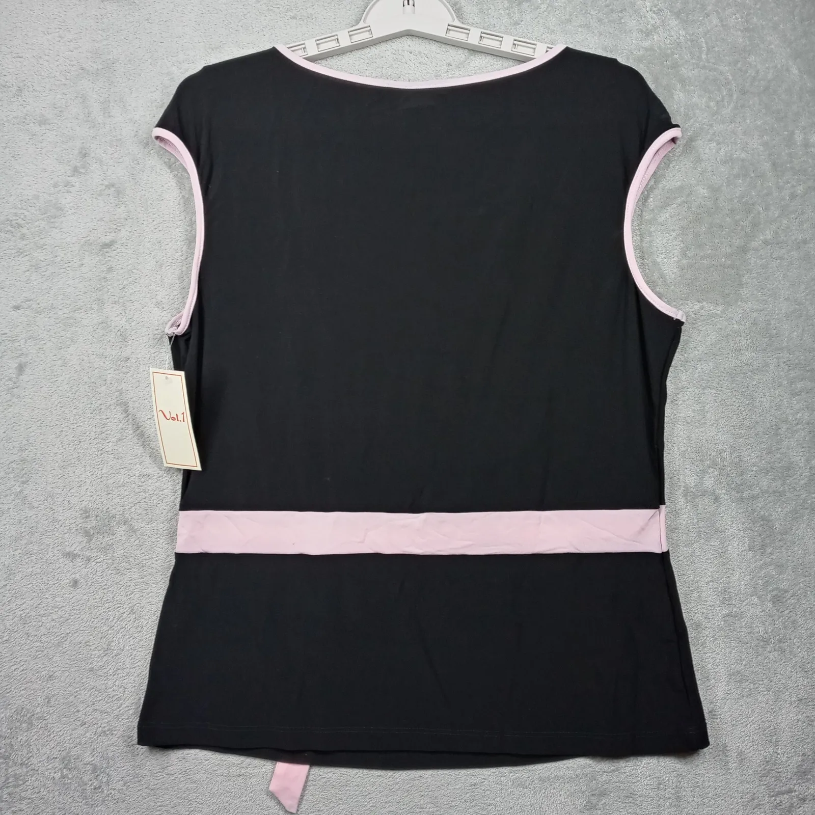Vol.1 Blouse Large Pink Black Trim Bow Tie Top Cap Sleeve Y2K Preppy Pinup Retro - Image 3
