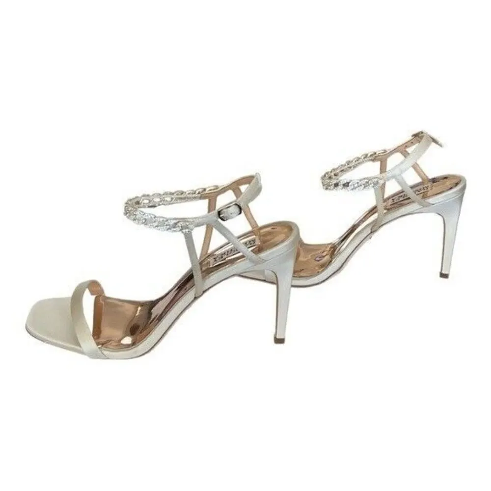 BADGLEY MISCHKA Kai Stiletto Satin Open Toe Rhinestone Ivory Heels Size 10 - Image 4