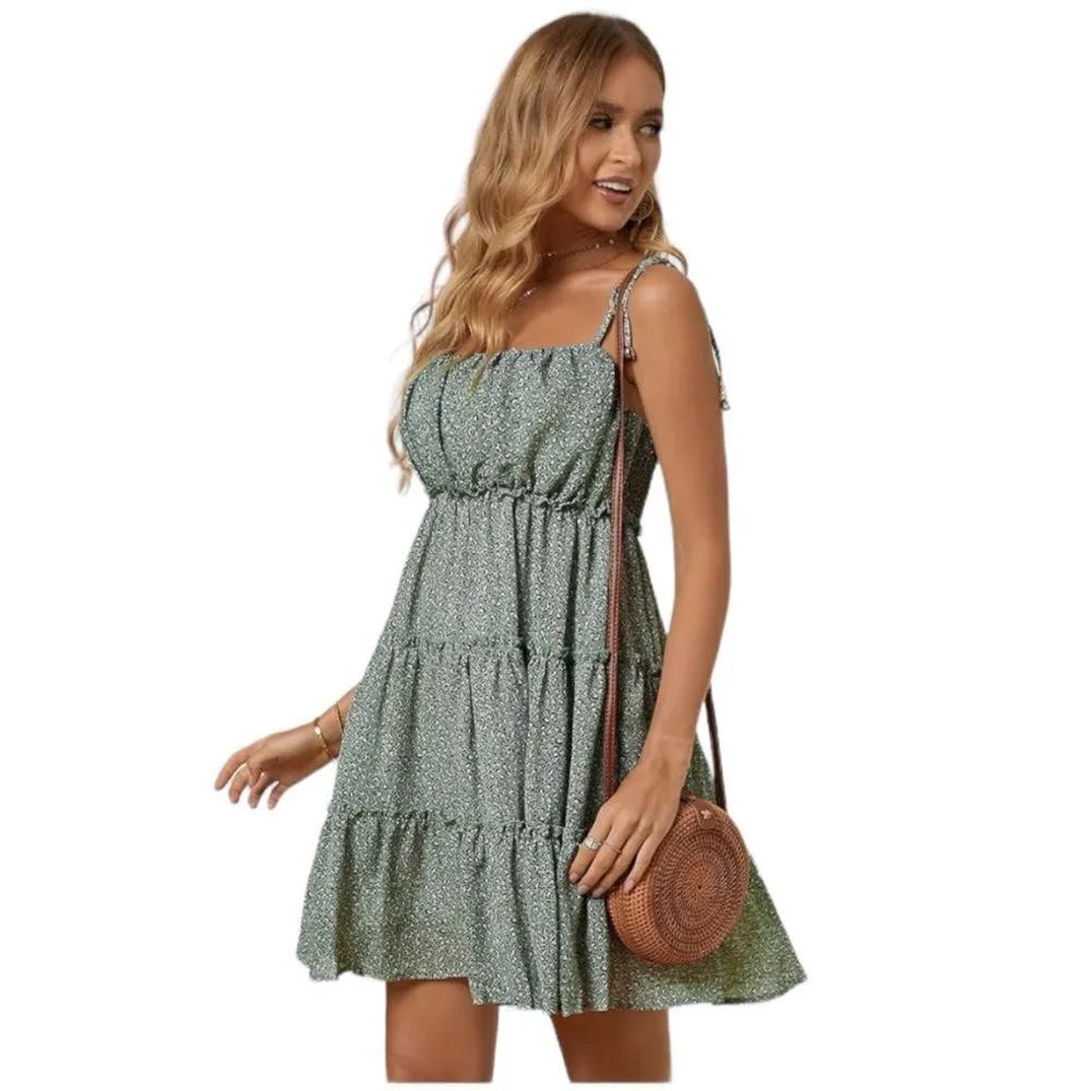 Womens dress ruffle light green layered sun floral Gaby boho chic fresh S - Image 3