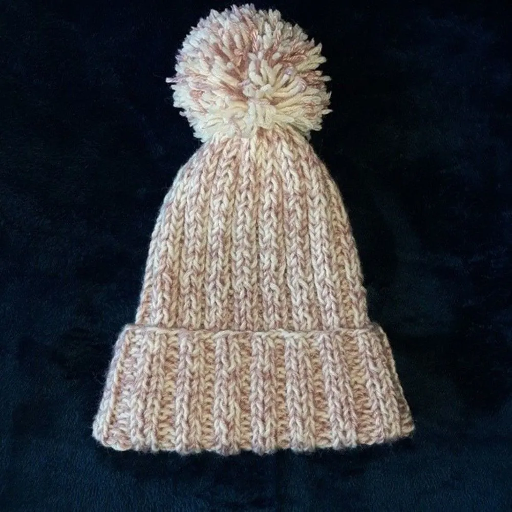 Handmade Knitted Ribbed Beanie With Pompom Soft Pink and White Warm Hat Cap - Image 6