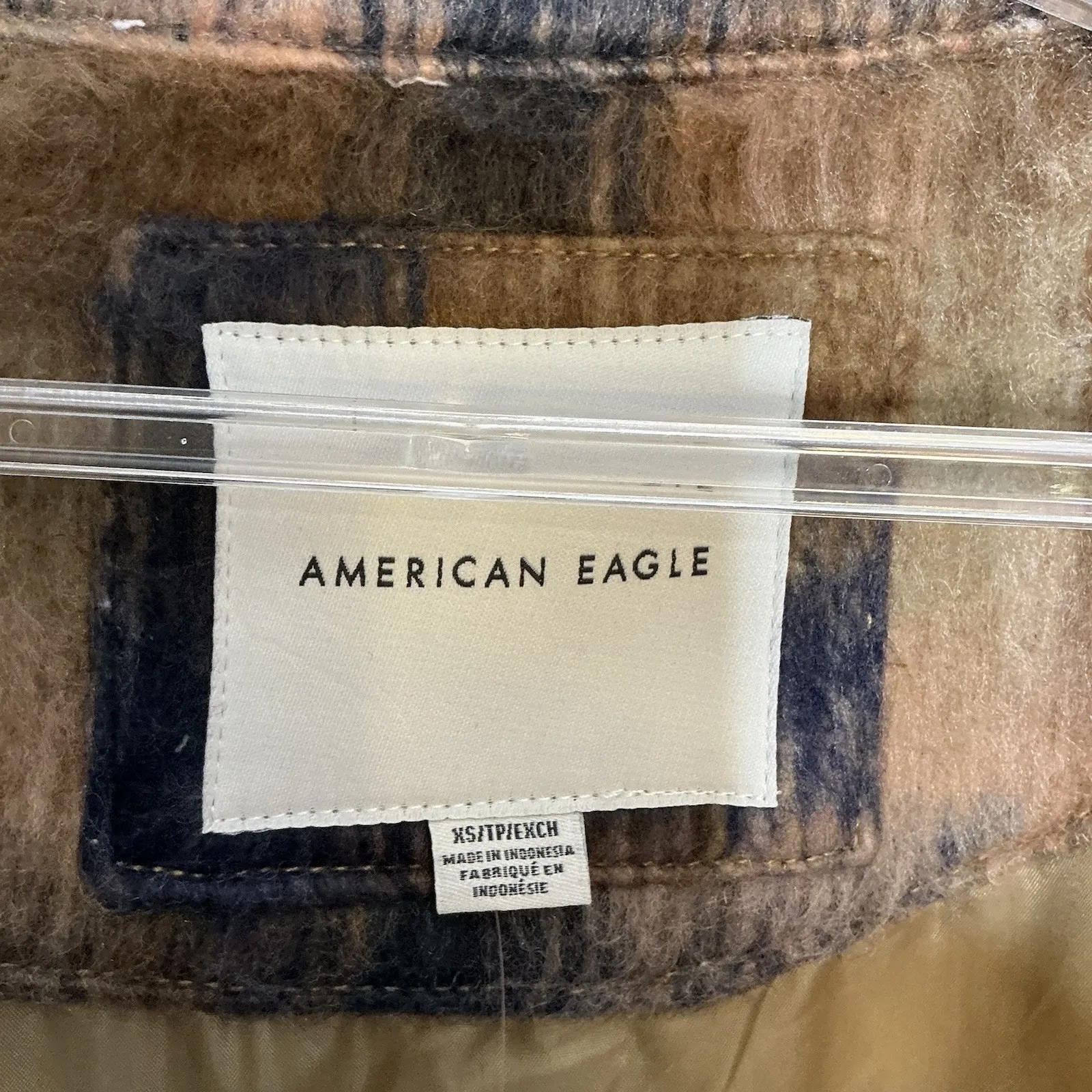 American Eagle Plaid‎ Shacket Jacket Brown Black Tan Brushed Wool Blend XS NWT - Image 2