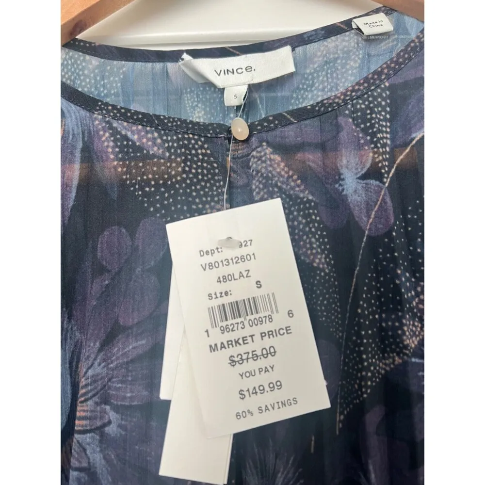 Vince Deco Pleated Blue Floral Blouse Top Lightweight Sheer Women's Small NWT - Image 5