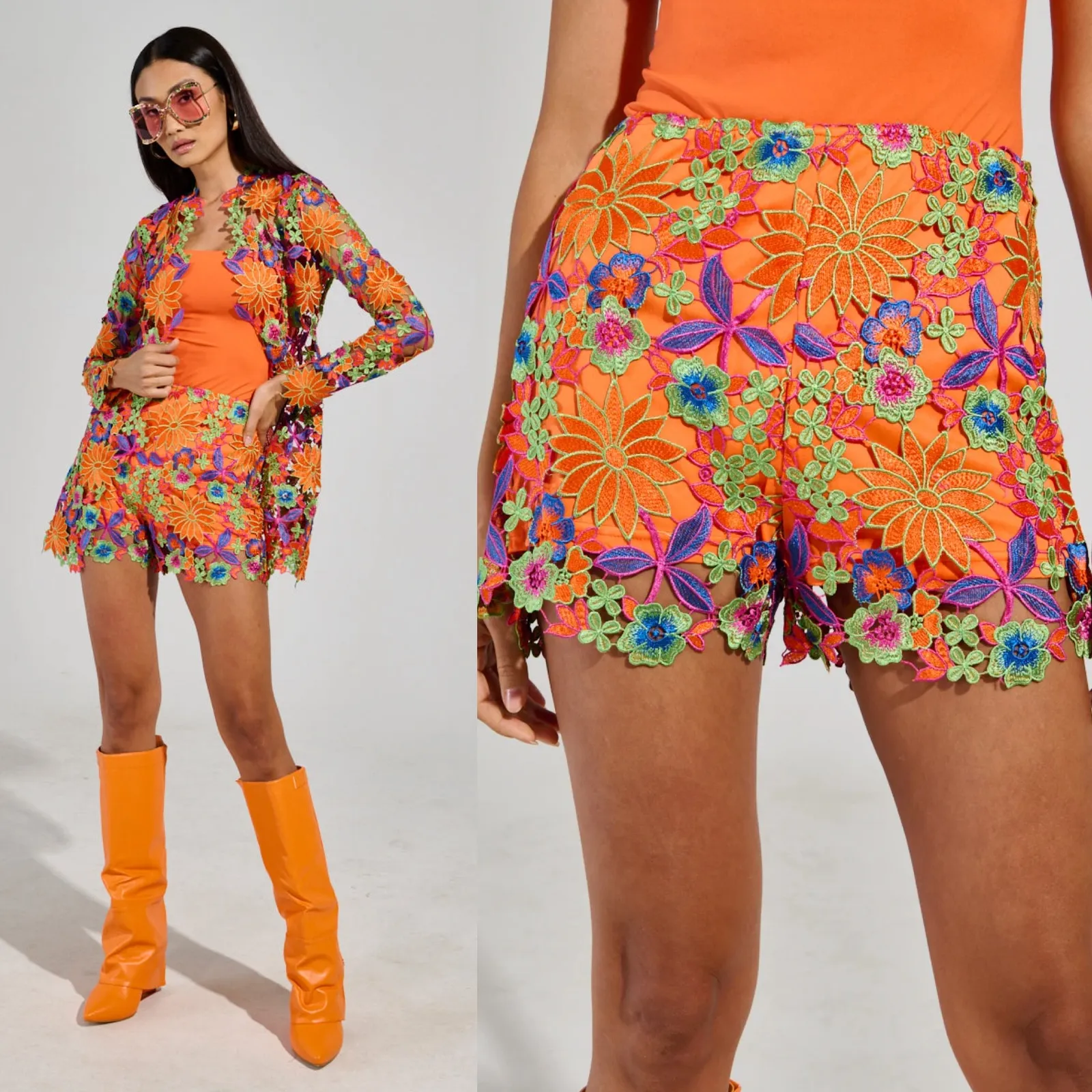 Akira Iris Orange Floral Embroidered Lace Shorts Size S Hot Pants Party Colorful - Image 2
