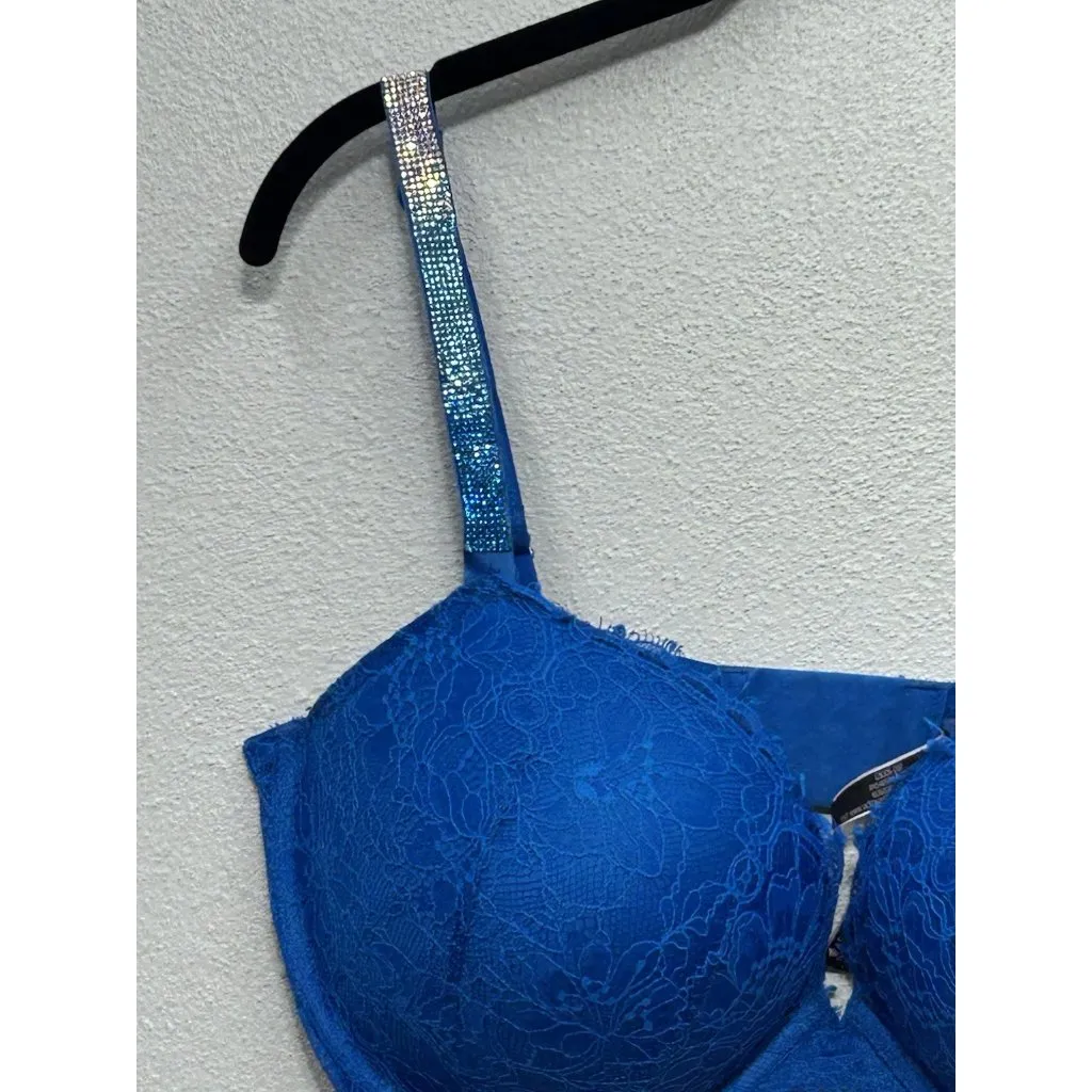 Victoria’s Secret Very Sexy Pushup Bra Size 38DD Blue Lace Bling Strap Underwire - Image 4